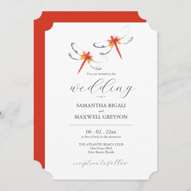 Unique Wedding Invitation Red Dragonflies (Front/Back)