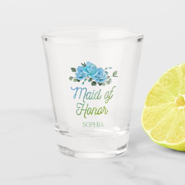 Unique Wedding Rustic Blue Roses Maid of Honor  Gl Shot Glass (Front)