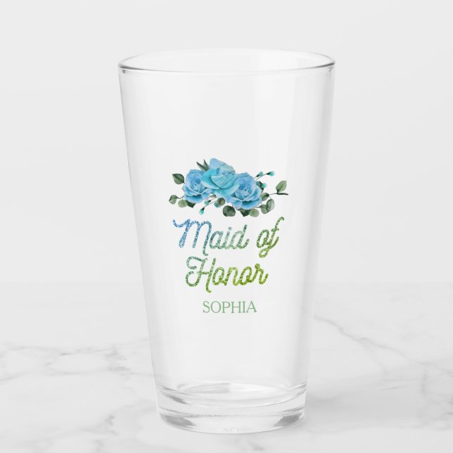 Unique Wedding Rustic Blue Roses Maid of Honor  Glass (Front)