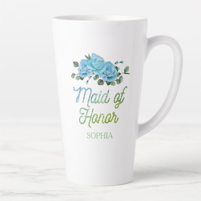 Unique Wedding Rustic Blue Roses Maid of Honor   Latte Mug (Right)