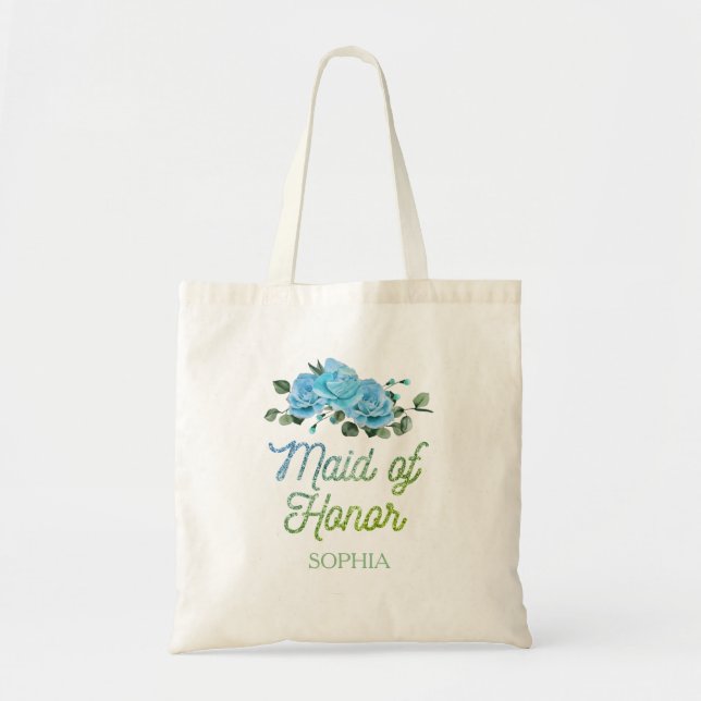 Unique Wedding Rustic Blue Roses Maid of Honor Tote Bag (Front)
