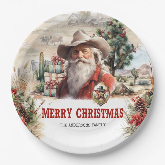 Unique western style Santa with sheriff's badges Paper Plates (Front)