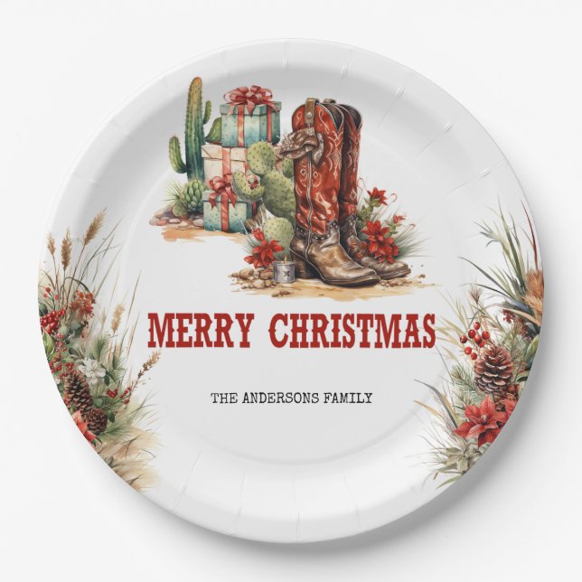 Unique western style with red cowboy boots paper plates (Front)