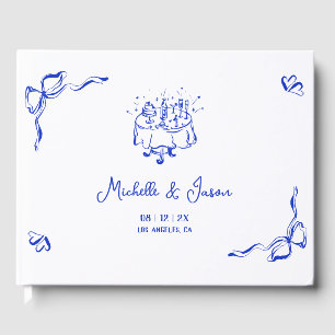 Unique Whimsical Blue Hand Drawn French Bow Photo Guest Book