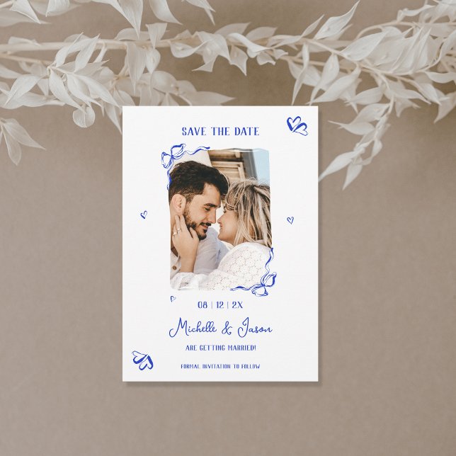 Unique Whimsical Blue Hand Drawn French Bow Photo Invitation (Creator Uploaded)