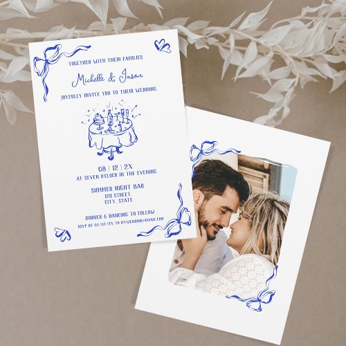 Unique Whimsical Blue Hand Drawn French Bow Photo Invitation