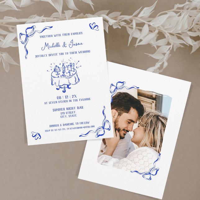 Unique Whimsical Blue Hand Drawn French Bow Photo Invitation (hand drawn wedding invitation with photo. ink blue doodles of wedding table with cake and champagne)