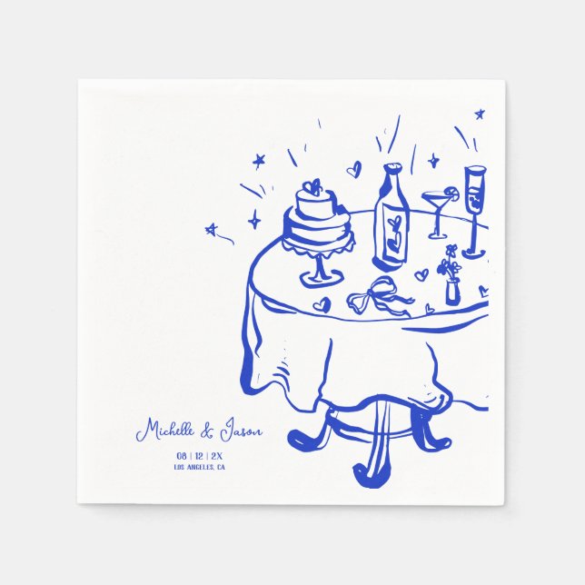 Unique Whimsical Blue Hand Drawn French Bow Photo Napkins (Front)