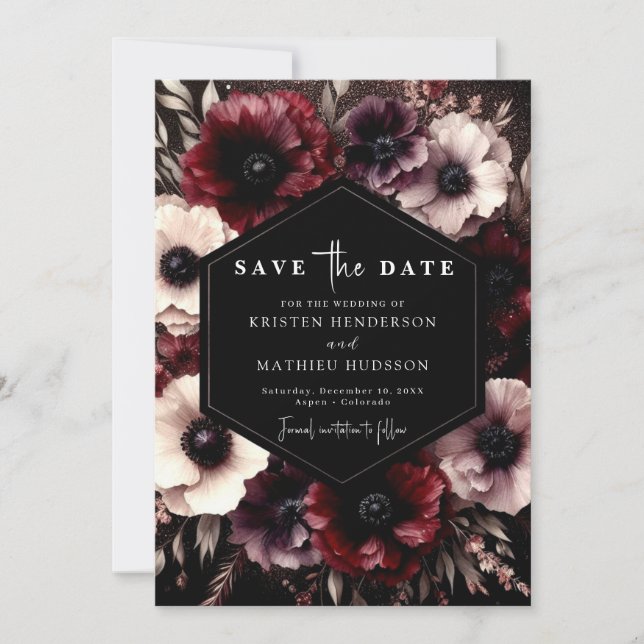 Unique Whimsical Burgundy Wedding Save The Date (Front)