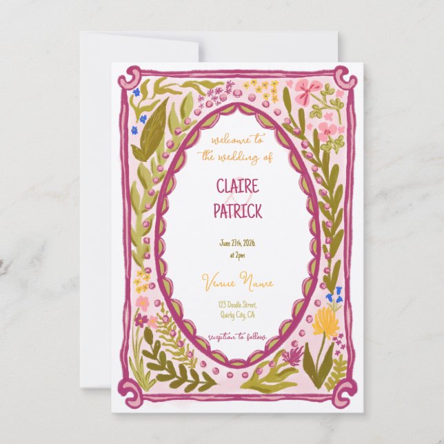 Unique Whimsical Floral Quirky Doodle Hand Drawn  Invitation (Front)
