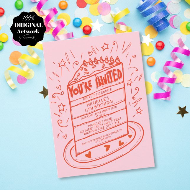 Unique Whimsical Fun Hand Drawn Birthday Cake Invitation (Creator Uploaded)