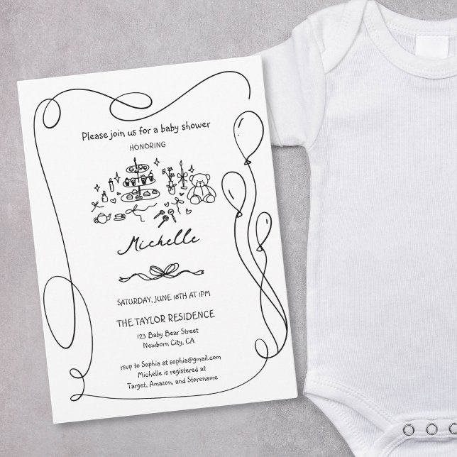 Unique Whimsical Hand Drawn Doodle Baby Shower Invitation (Cute Whimsical Hand Drawn Bear Baby Boy Shower Invitation with balloons frame)