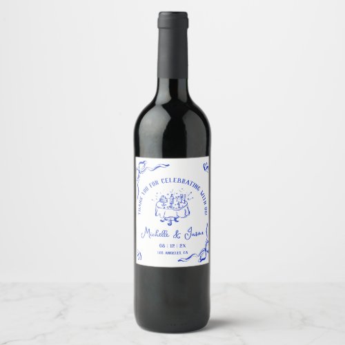 Unique Whimsical Hand Drawn French Bow Thank You Wine Label