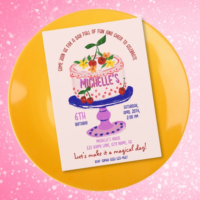 Unique Whimsical Quirky Birthday Cake Cherry Invitation (colorful whimsical cake with the cherry on top and pink background birthday invitation)