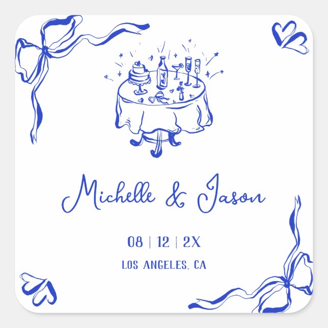 Unique Whimsical Quirky Blue Hand Drawn French Bow Square Sticker (Front)