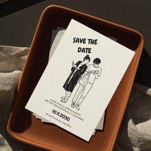 Unique Whimsical Quirky Hand Drawn Couple Wedding Save The Date