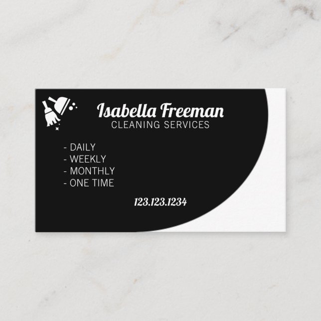 Unique White & Black Maid House Cleaning Business Card (Front)