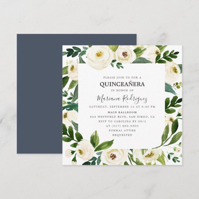 Unique White Floral & Greenery Quinceañera Invitation (Front/Back)