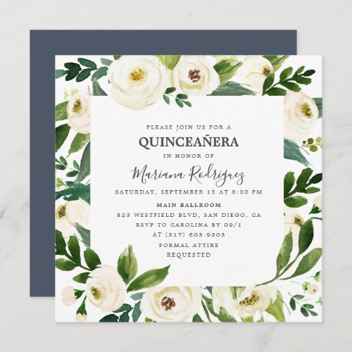 Unique White Floral  Greenery Quinceaera Invitation