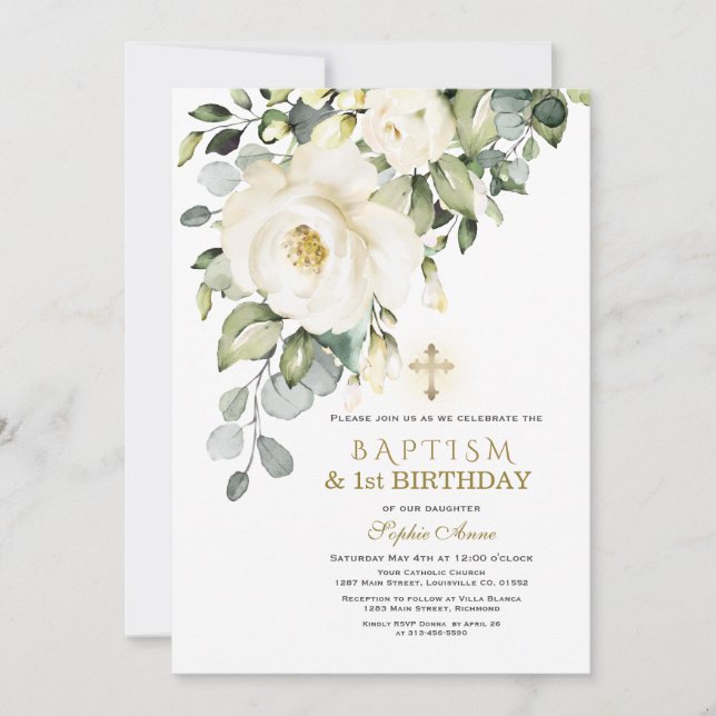 Unique White Flowers Baptism 1st Birthday Part Invitation (Front)