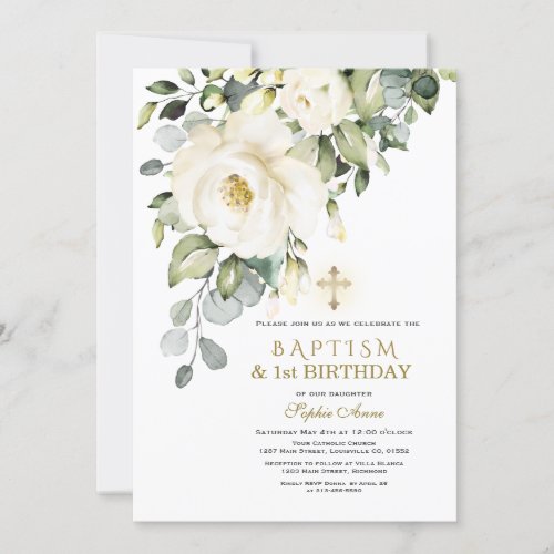 Unique White Flowers Baptism 1st Birthday Part Invitation