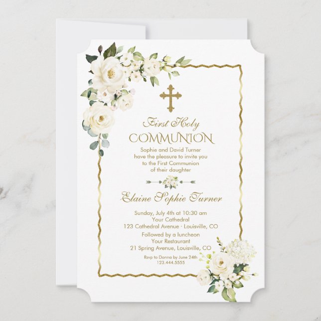 Unique White Flowers Gold First Holy Communion Invitation (Front)