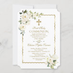 Unique White Flowers Gold First Holy Communion Invitation