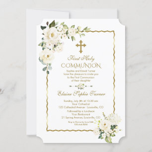 Unique White Flowers Gold First Holy Communion Invitation