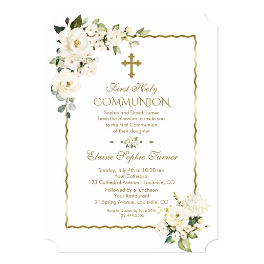 Unique White Flowers Gold First Holy Communion Invitation | Zazzle.com