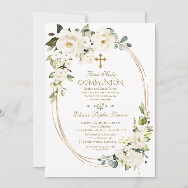 Unique White Flowers Gold First Holy Communion Invitation (Front)