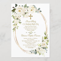 Unique White Flowers Gold First Holy Communion Invitation