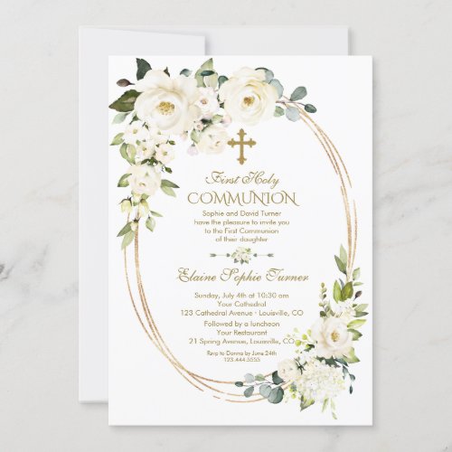 Unique White Flowers Gold First Holy Communion Invitation