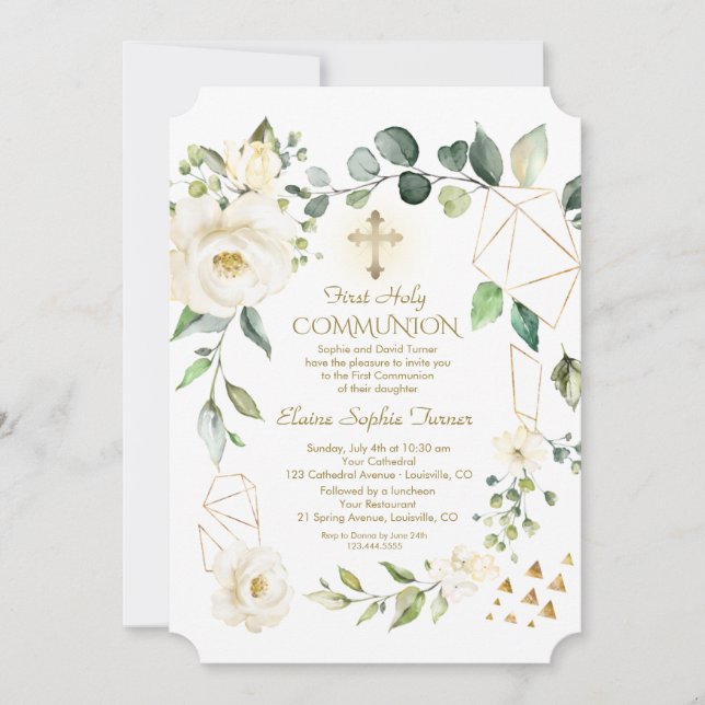 Unique White Flowers Gold Frame Holy Communion Invitation (Front)