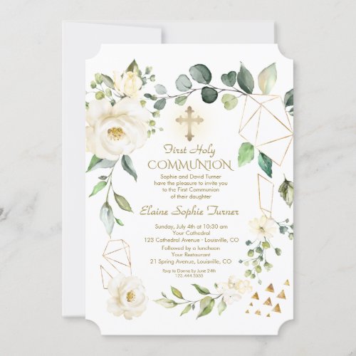 Unique White Flowers Gold Frame Holy Communion Invitation