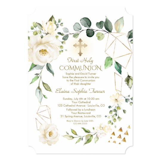 Unique White Flowers Gold Frame Holy Communion Invitation | Zazzle.com