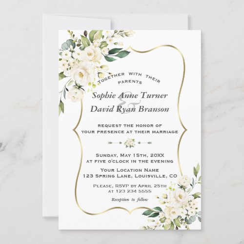 Unique White Flowers Gold Monogram Wedding Invitation