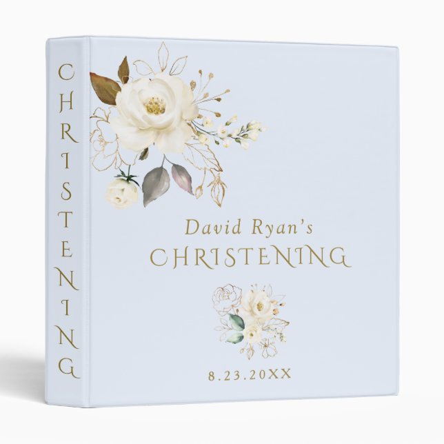 Unique White Gold Floral Christening Photo Album 3 Ring Binder (Front/Spine)