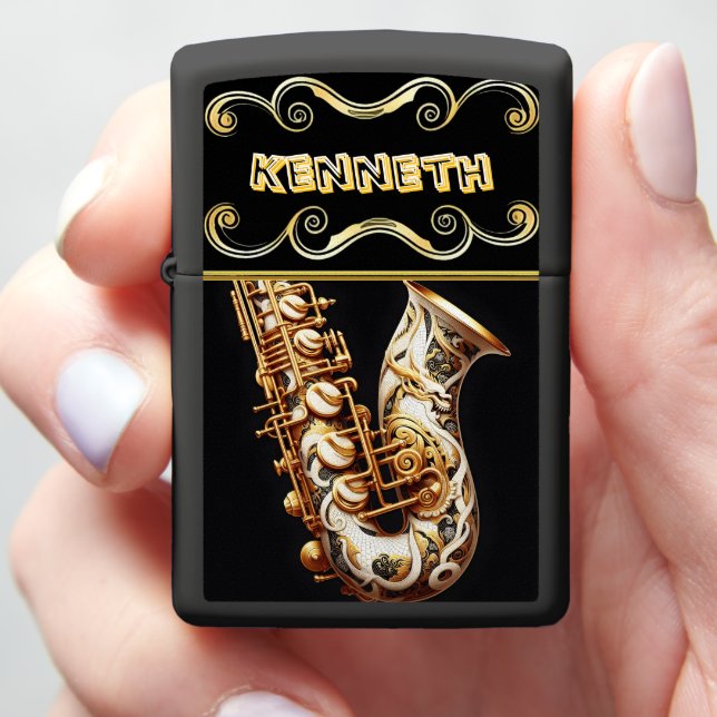 Unique White Gold Saxophone with Dragon Artwork Zippo Lighter (In Hand)