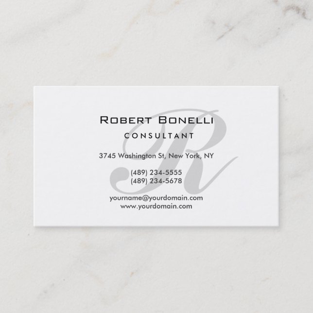 Unique White Gray Monogram Business Card (Front)