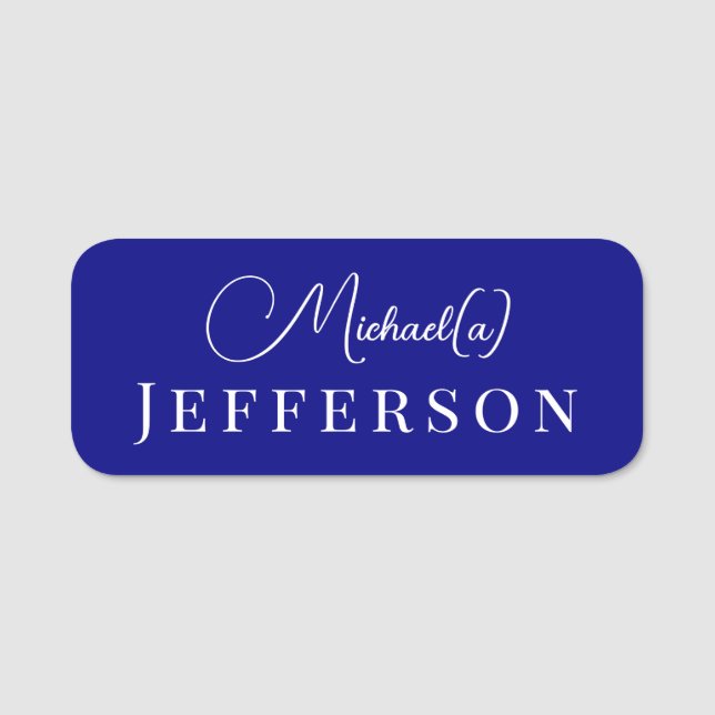 Unique White Navy Blue Handwritten Professional Name Tag (Front)