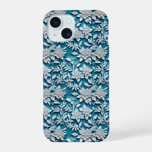 Unique White on Blue Floral 3D Papercut Graphic iPhone 15 Case