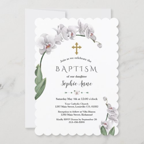 Unique White Orchid Flowers Gold Girl Baptism Invitation