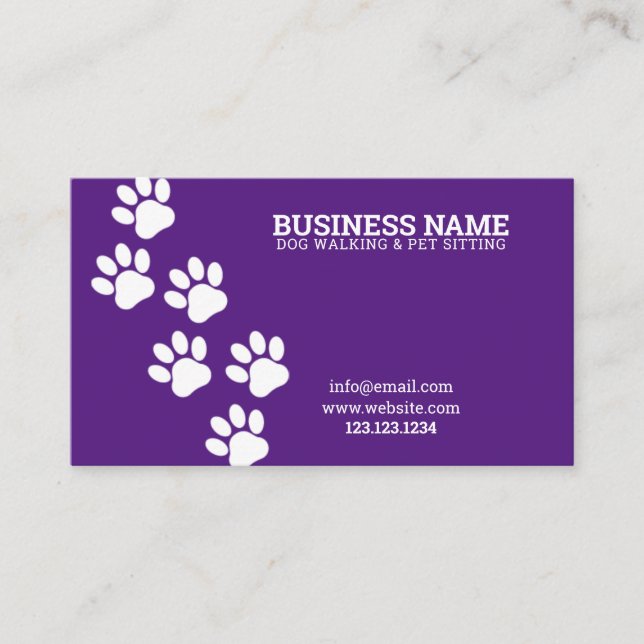Unique White & Purple Paw Print Steps Dog Walker Business Card (Front)