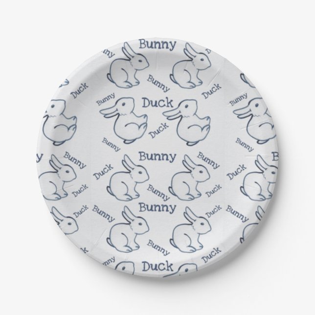 Unique White Rabbit Duck Illusion Drawing Easter Paper Plates (Front)