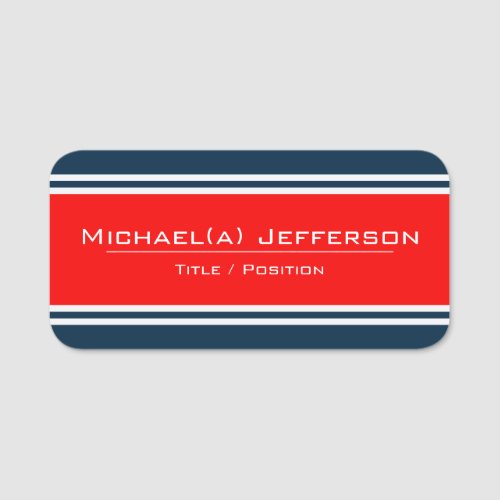 Unique White Striped Navy Blue  Modern Bright Red Name Tag