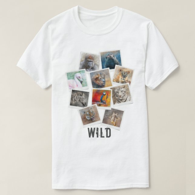Unique Wild Animal Photo Frame Collage T-Shirt (Design Front)