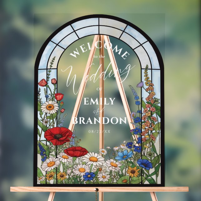 Unique Wildflower Stained Glass Wedding Welcome Acrylic Sign (Neutral)