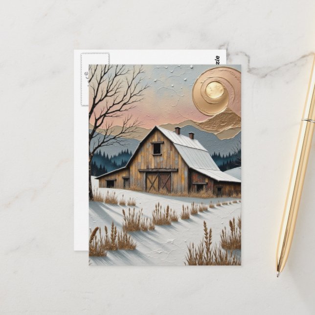 Unique Winter Barn in Mountains Painting  Postcard (Front/Back In Situ)