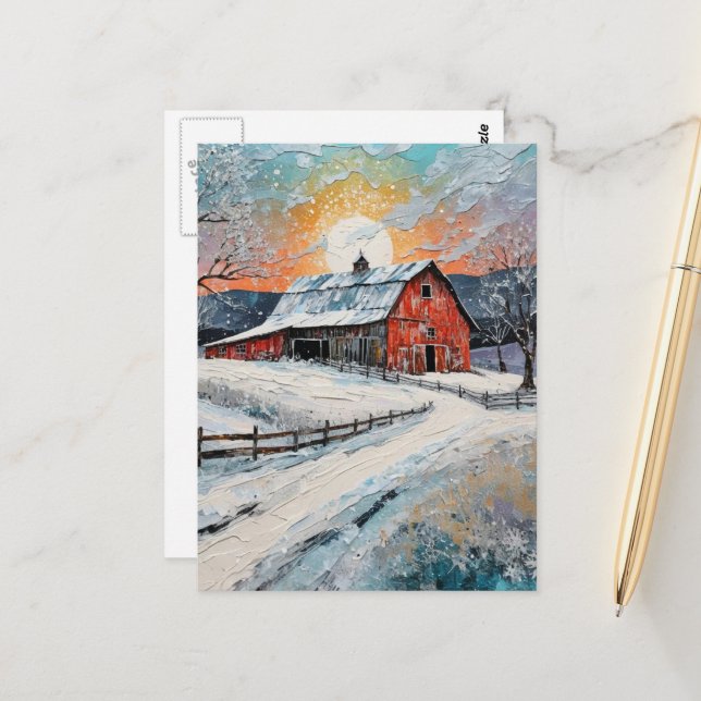 Unique Winter Barn Painting Postcard (Front/Back In Situ)