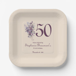 Unique Woman's Plum Cream Floral 50th Birthday Paper Plates